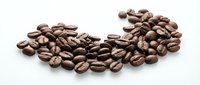 Roasted coffee beans scattered in curved arrangement on white background, isolated for cafe branding, packaging design and culinary projects.