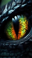 Macro shot of vibrant orange and green dragon eye with vertical pupil against dark textured scales, creating mysterious and fantastical atmosphere.