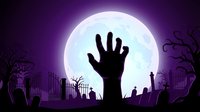 Zombie hand rising from graveyard cemetery ground against full moon with spooky bare trees and tombstones silhouettes for Halloween horror themes.