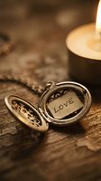 Open vintage locket with a love note inside, glowing candle on rustic wood, warm romantic mood for Valentine's Day or anniversary.