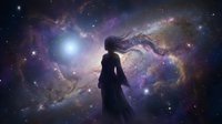Woman silhouette gazing at cosmic nebula with flowing hair against starry galaxy background for meditation and astronomy concepts.