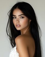 Young Asian woman with long dark hair and natural makeup wearing white lace top, looking over shoulder against neutral background. Professional beauty portrait with soft lighting.