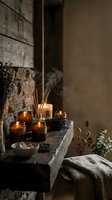 Cozy autumn home spa setup with amber candles, reed diffuser and natural textures on rustic wooden shelf creating warm atmospheric mood for relaxation.