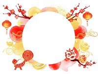 Festive Asian New Year frame with red lanterns, plum blossoms, gold coins, dragon dance lion and traditional decorations on white background for celebration design.