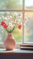 Delicate white and red flowers in pink ceramic vase on windowsill with soft natural lighting, stack of notebooks nearby creating serene home atmosphere.