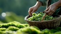 Fresh green lettuce harvest in woven basket with farmer hands picking organic produce in morning sunlight against blurred garden background.