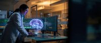 Male scientist analyzing holographic brain model on futuristic computer interface in modern laboratory for medical research and neuroscience studies.