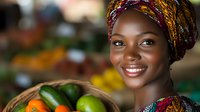 Young African woman wearing colorful traditional headwrap smiles while holding basket of fresh produce at local market, radiating joy and cultural pride.
