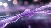 Glowing purple neural connection with water droplets and bokeh lights in background, macro photography style visualization of synaptic transmission.