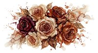 Watercolor roses bouquet in warm brown and beige tones with artistic paint splatters, floral arrangement for wedding invitations and romantic designs.