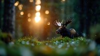 Majestic moose resting in forest clearing at golden sunset with magical bokeh lights and glowing atmosphere, mystical nature scene in wilderness.