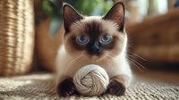 Siamese cat with striking blue eyes lying on textured carpet, holding ball of white yarn between paws. Warm natural lighting creates cozy home atmosphere.