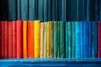 Row of colorful books arranged in rainbow spectrum order from red to blue on wooden shelf, creating vibrant gradient pattern for education concepts.