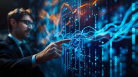 Asian businessman in suit analyzing digital data visualization with glowing blue interface, perfect for technology, innovation and business intelligence concepts.