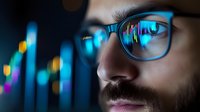 Young caucasian businessman in glasses looking at financial charts and market data reflected in eyewear, close up view with blue trading screen glow on face.