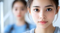 Young Asian woman with natural makeup and gentle smile looking directly at camera, soft blurred background creates dreamy atmosphere. Professional portrait for beauty and lifestyle.