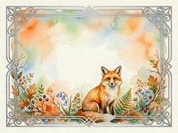 Watercolor fox sitting among autumn wildflowers and ferns in an ornate frame with copy space for text or greeting cards.