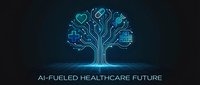 Digital tree with glowing circuit branches and medical technology icons representing artificial intelligence in healthcare innovation and future medicine.