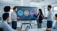 Business team discussing data center management strategy on interactive display screen in modern conference room meeting.
