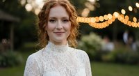 Young redhead woman in white lace dress smiling at outdoor evening event with warm string lights creating romantic bokeh background atmosphere.