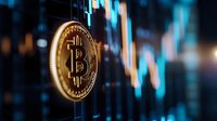 Golden cryptocurrency coin against blurred trading chart background showing market volatility and price movement trends in blue tones.