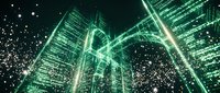 Futuristic glowing green digital city with skyscrapers, data streams, and sparkling particles on dark background, representing cyber technology and smart urban innovation.