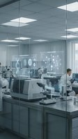 Modern medical laboratory with holographic displays showing brain scans and molecular structures while scientists conduct research using advanced equipment.