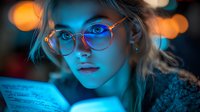 Young woman in glasses reading book under dramatic blue lighting with orange bokeh background, creating moody atmospheric portrait with neon glow effect.