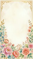Vintage watercolor floral frame with pink roses, peonies, and gold ornamental border on beige background for wedding invitations.