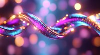 Glowing spiral ribbons with purple and pink bokeh lights creating magical atmosphere. Macro photography captures shimmering details and festive mood.