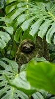 Adorable sloth resting peacefully among lush tropical monstera leaves in rainforest habitat showcasing wildlife conservation and exotic nature photography.