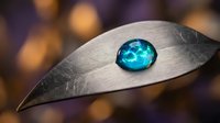 Damascus steel knife blade with turquoise gemstone inlay on dark background with warm bokeh lights for luxury cutlery and jewelry design concepts.