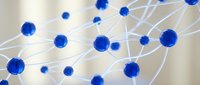 Abstract network visualization with blue spherical nodes connected by white lines representing data connections and digital communication systems.