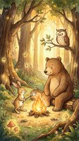 Cute woodland animals gathering around campfire in enchanted forest with owl, bear and rabbit sharing magical moment among glowing trees and mushrooms.