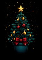 Decorated Christmas tree with golden star topper, red and gold ornaments, and red bow on pot against dark background, glowing festive holiday design.