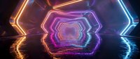 Futuristic neon tunnel with glowing hexagonal frames in purple, orange and blue lights creating sci-fi corridor with reflective floor for digital backgrounds.