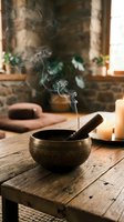 Tibetan singing bowl with incense stick creating aromatic smoke on rustic wooden table in cozy meditation space with candles and natural lighting.