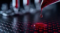 Red liquid droplet falling onto hexagonal surface pattern creates dramatic macro photography effect with dark background and selective focus on liquid dynamics.