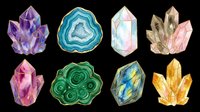 Colorful watercolor crystals and gemstones collection isolated on transparent background, ready for stickers, t-shirt design, clipart, sublimation, and print on demand.