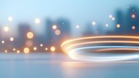 Glowing light trails create dynamic motion effect against blurred city bokeh background, abstract modern minimalist composition with soft illumination and reflections.