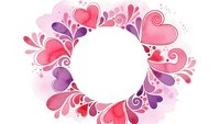 Decorative circular frame with pink and purple hearts, swirls and floral elements on white background for romantic designs and Valentine's Day projects.