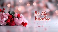Romantic composition with pink and red hearts, roses on blurred bokeh background with Be My Valentine text for greeting cards and social media posts.