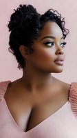 Young African American woman with natural curly hair updo wearing pink dress, looking away with confident expression against pink background.