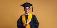 Young Asian male graduate in black cap and gown with yellow stole holding diploma, smiling against orange background. Academic achievement celebration.