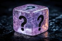 Purple translucent dice with question marks on multiple sides, glowing mysteriously on dark textured surface. Macro photography captures water droplets and light reflection.