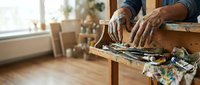 Craftsman with paint-stained hands holding wooden palette and brushes in bright studio workspace with natural light and art supplies on shelves.