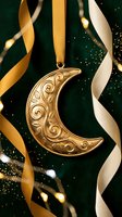 Elegant golden crescent moon ornament with ornate floral patterns hanging among flowing ribbons on dark green festive background for holiday celebrations.