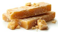 Aged parmesan cheese blocks and crumbles on white surface showing crystalline texture and rich golden color, close up view with selective focus and natural lighting.