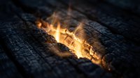 Glowing flames emerge from charred wood surface with intricate burn patterns and ember details creating dramatic fire texture for backgrounds and designs.