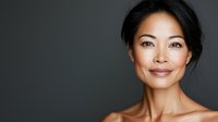 Professional Asian woman with elegant makeup and confident smile against dark background for business and beauty concepts.